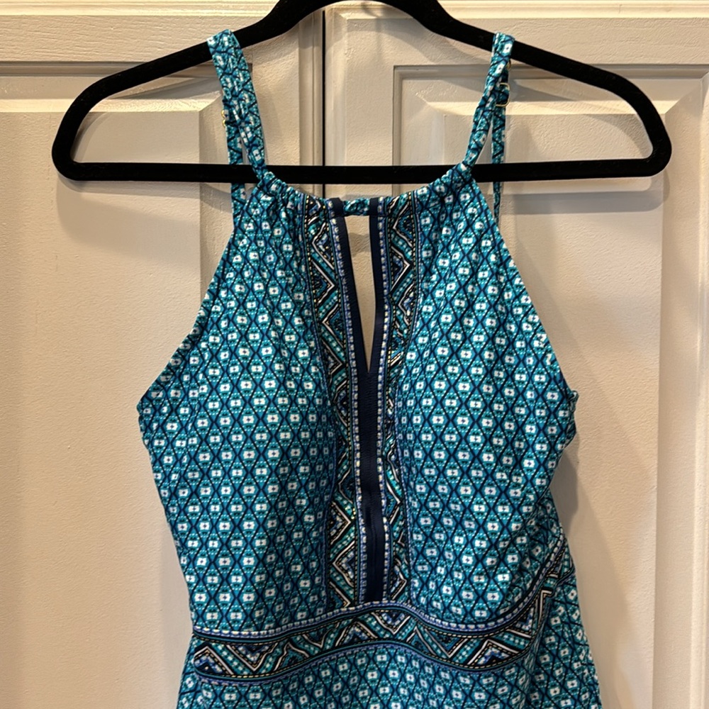 Jantzen Blue Print Keyhole High Neck One piece Swim Suit Modest Molded Cups 12 - Picture 2 of 14